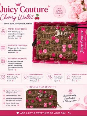 Juicy Couture Brown Monogram Wallet with Pink Cherry Print double zip around